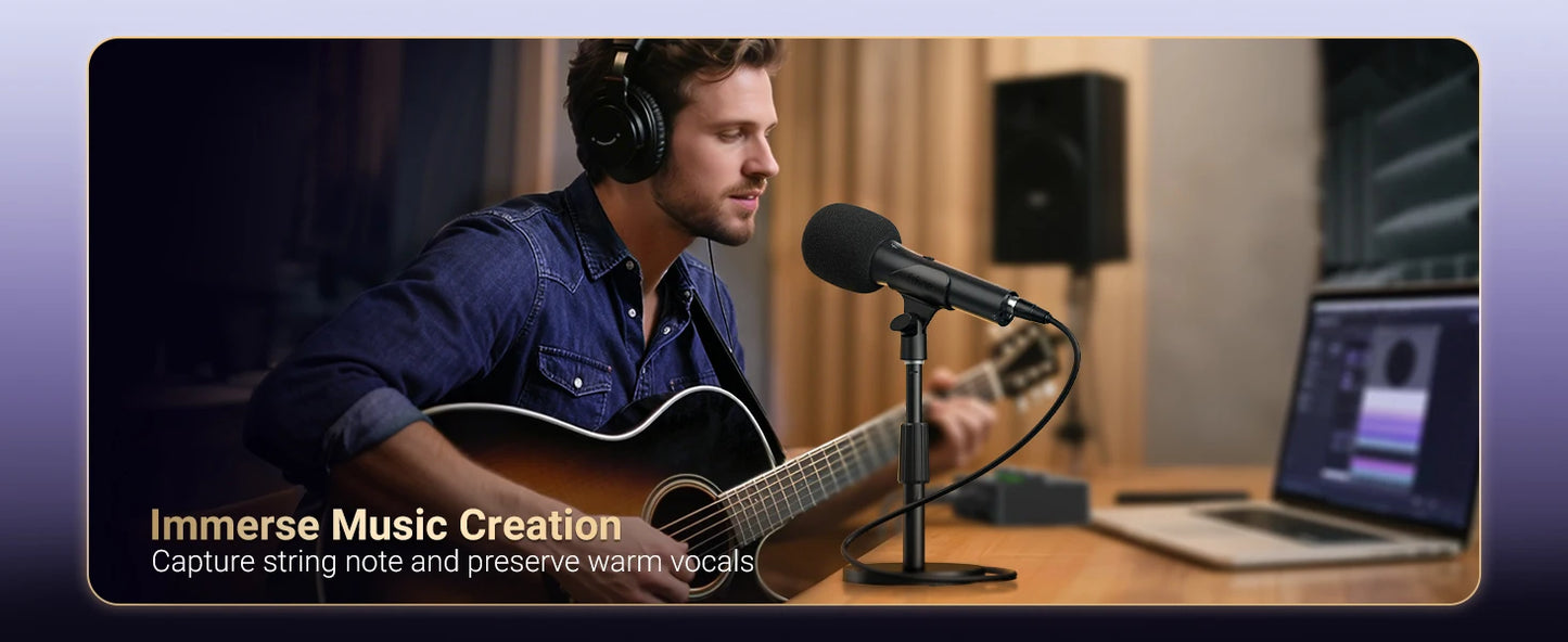 A man wearing over-ear headphones sits in a recording studio holding an acoustic guitar in front of a microphone, with a laptop and speakers visible in the background. Text at the bottom reads 'Immerse Music Creation' and 'Capture string note and preserve warm vocals.