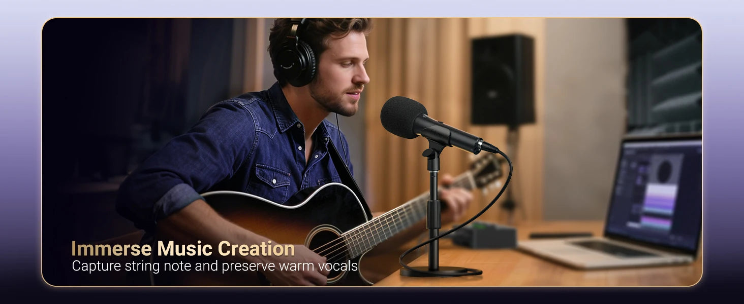 A man wearing over-ear headphones sits in a recording studio holding an acoustic guitar in front of a microphone, with a laptop and speakers visible in the background. Text at the bottom reads 'Immerse Music Creation' and 'Capture string note and preserve warm vocals.