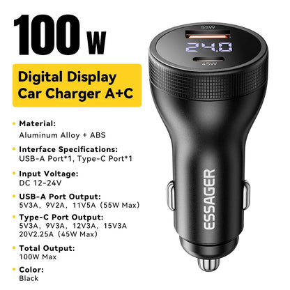 Essager 100W Quick Charge USB C Car Charger