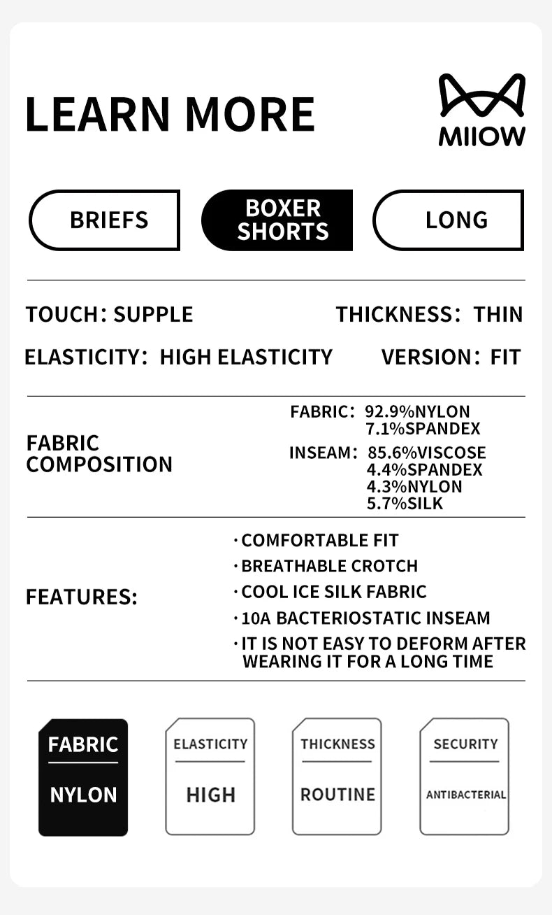 MiiOW Men's Underwear Boxers - 3Pcs Ice Silk Antibacterial Boxers - ShopHub