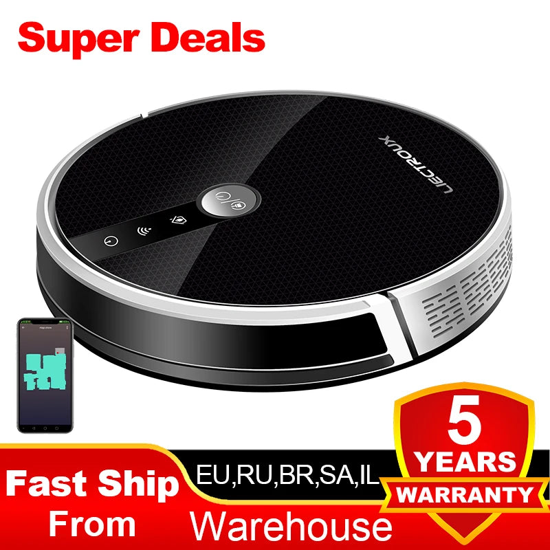 LIECTROUX LILIN C30B robot vacuum cleaner navigating a hardwood floor, equipped with sensors for efficient cleaning.