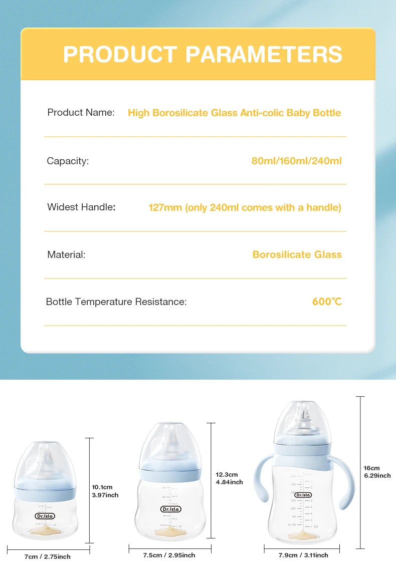MAMIJOY Baby Glass Bottle High 80/160/240ml Borosilicate Wide-mouthed