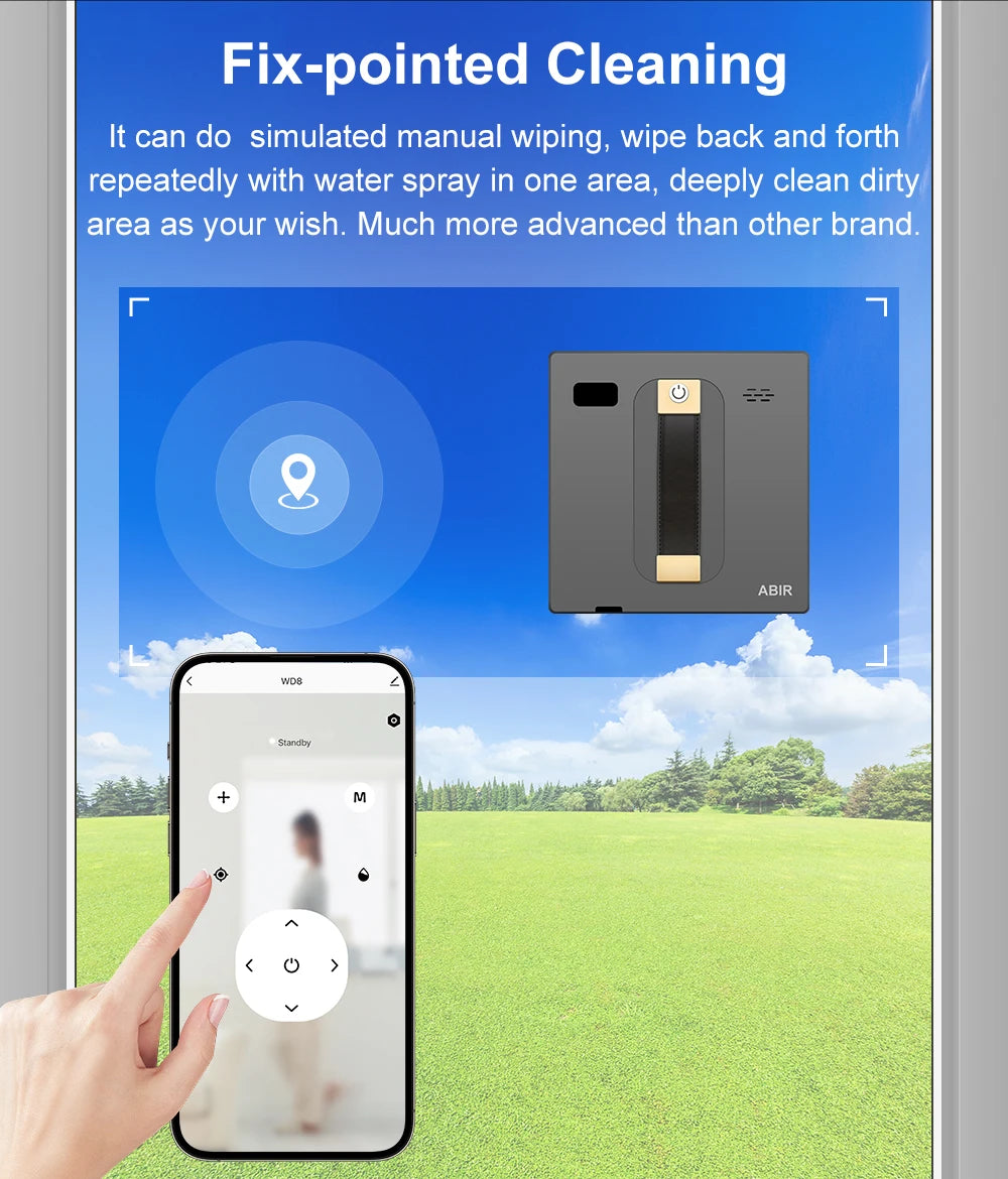 Robot window cleaner from ABIR WD8 by ShopHub NZ, showing the device attached to a glass window with cleaning pads.