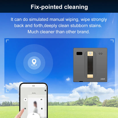ABIR WD8 robot window cleaner on glass surface, showcasing sleek design and cleaning pads for efficient window washing