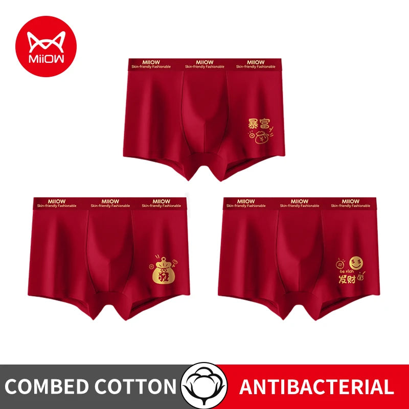 MiiOW 3Pcs Men's Antibacterial Cotton Boxers Lucky Red Breathable Underwear - ShopHub