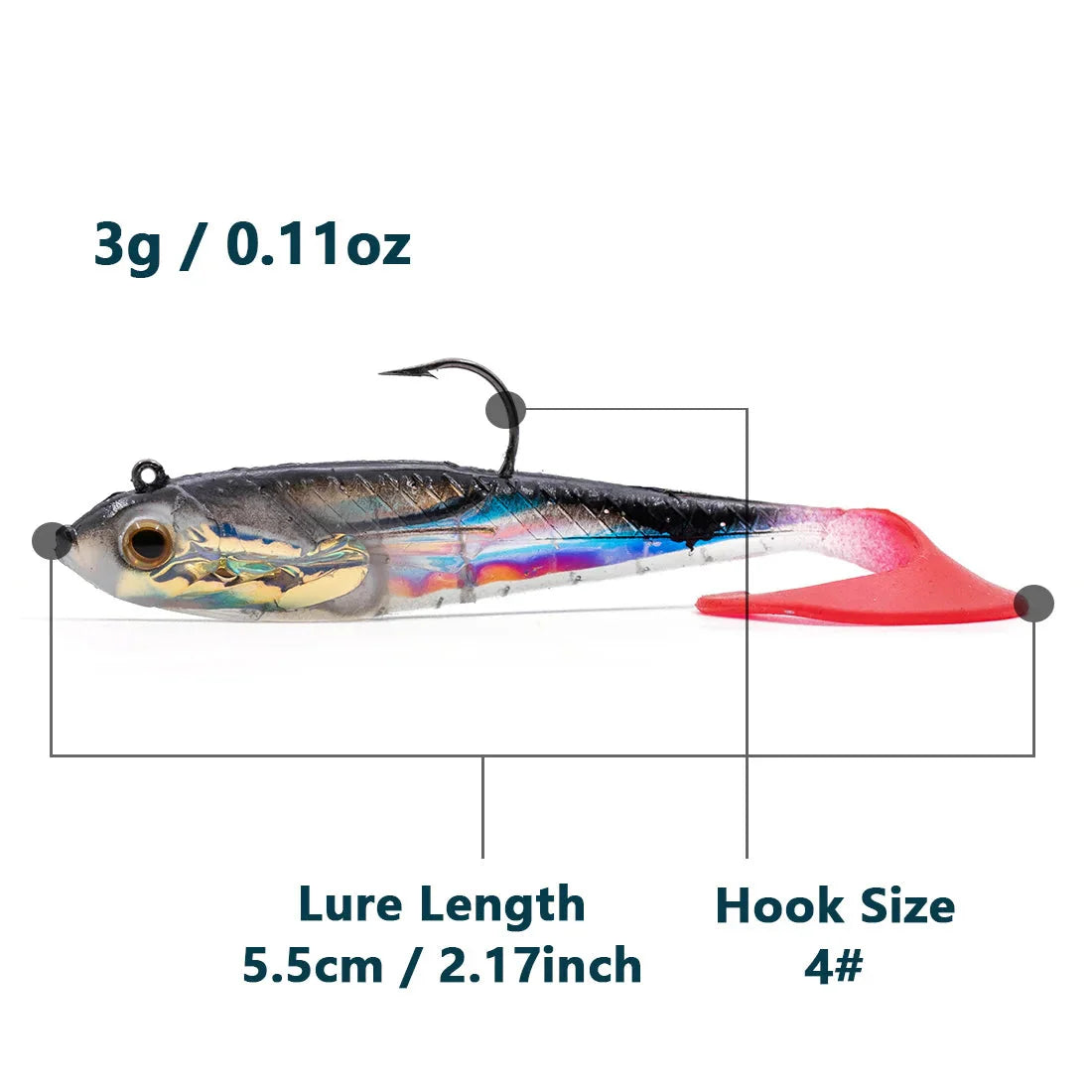 Habicare soft fishing lures with lead head jigs in various colors, designed for bass and trout fishing, shown in the image.