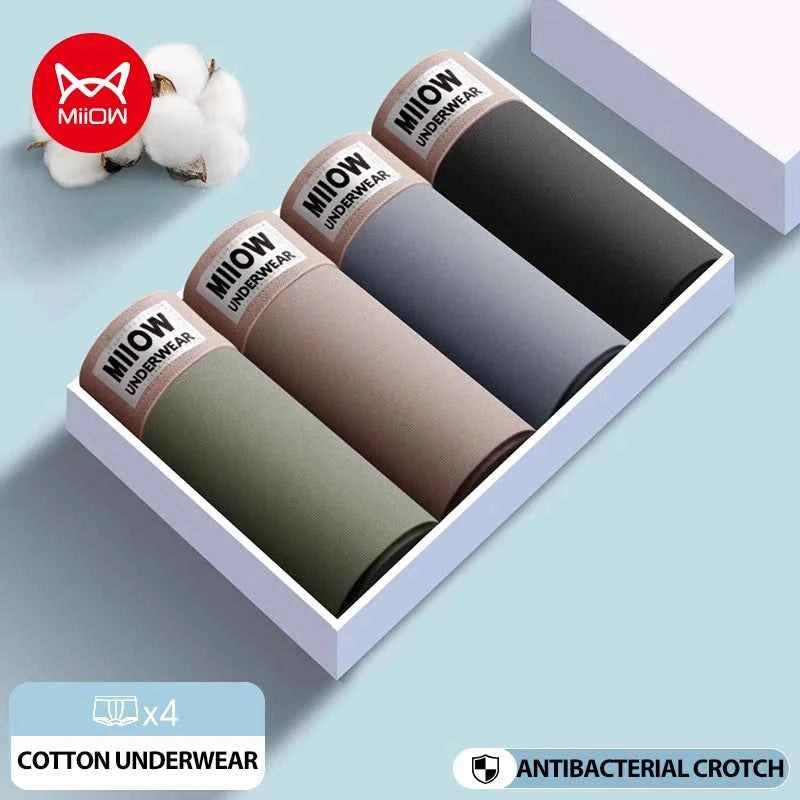 MiiOW 4Pcs Cotton Men's Underwear Soft Antibacterial U-shaped Crotch Breathable Boxer Briefs