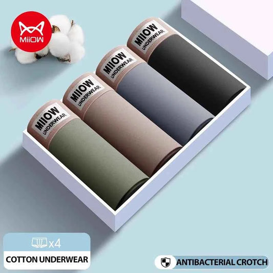 MiiOW 4Pcs Cotton Men's Underwear Soft Antibacterial U-shaped Crotch Breathable Boxer Briefs
