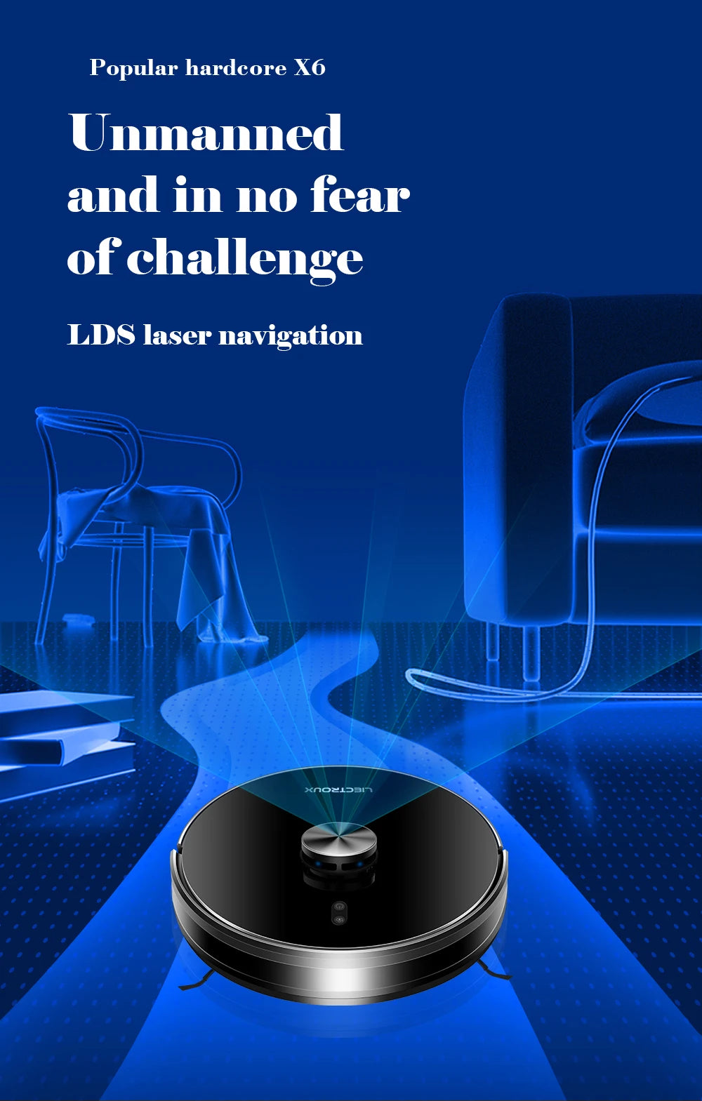 Liectroux Lilin X6 robot vacuum cleaner cleaning hardwood floor with dustbin and sensors visible in a modern living room.