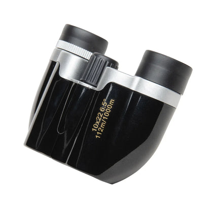 Habicare foldable compact binoculars 10x22 SS with black body, lightweight design, and adjustable eyepieces for clear viewing.