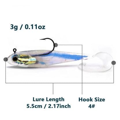 Habicare soft fishing lures with lead head jigs in various colors, designed for bass and trout fishing.