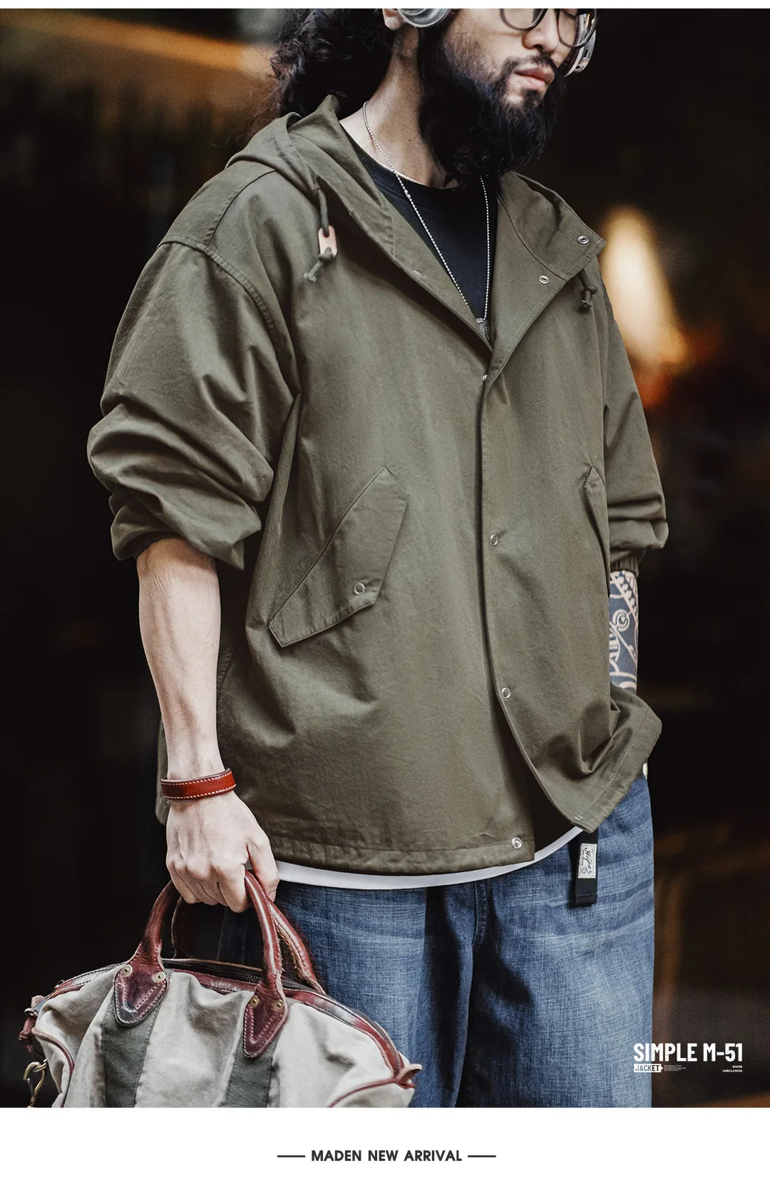Maden Vintage Green M51 Hooded Jacket Loose Fishtail Short Overcoat Men's Versatile Outwear with Pockets Hidden Button Placket