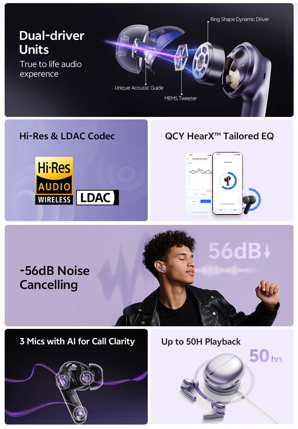 QCY MeloBuds N70 Wireless Earphones with Hybrid Adaptive ANC, Hi-Res Sound, and 50Hrs Battery Life - ShopHub