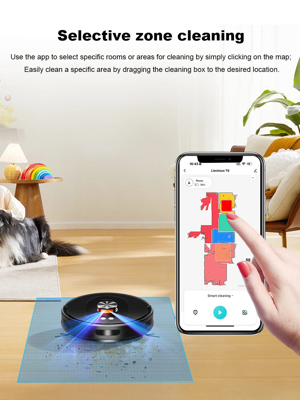 Liectroux T9 robot vacuum cleaner from ShopHub NZ, sleek black design, compact shape, and sensors visible on the device.