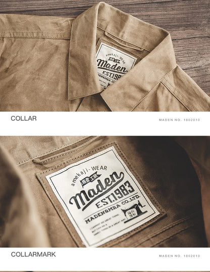 Maden Vintage Men's Canvas Oil Wax Jackets Khaki Multi-pocket Lapel Collar Single-breasted Jacket Windbreaker for Male Outwear