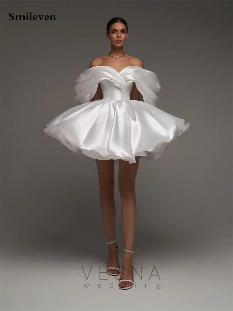 Smileven A Line Soft Satin Off The Shoulder Short Wedding Dress