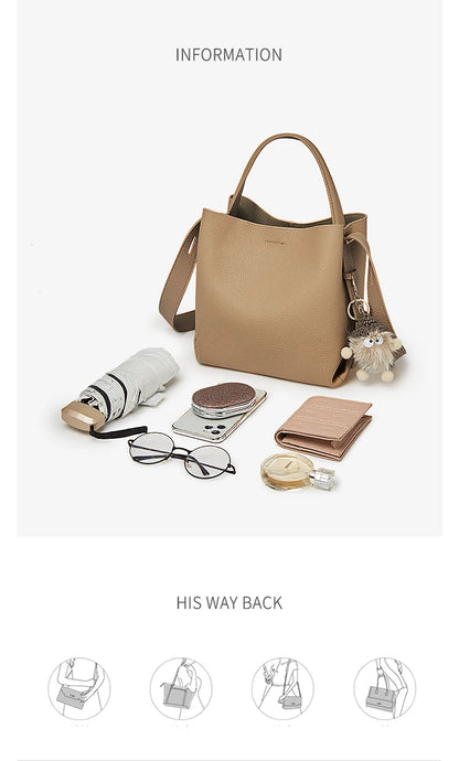 FOXER Soft Leather Bucket Bag for Women Simple Genuine Leather Shoulder Bag Female Casual Handbag Daily Work Crossbody Purse
