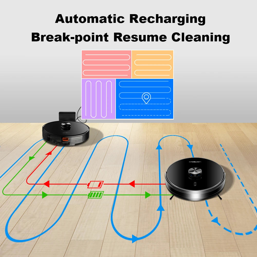 Liectroux Lilin X6 robot vacuum cleaner on a hardwood floor, equipped with a dustbin and navigating around furniture.