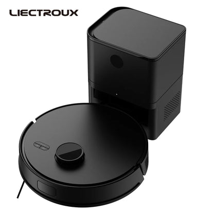 Liectroux M70 Pro robot vacuum cleaner and mop on a hardwood floor, showing its sleek design and cleaning brushes.