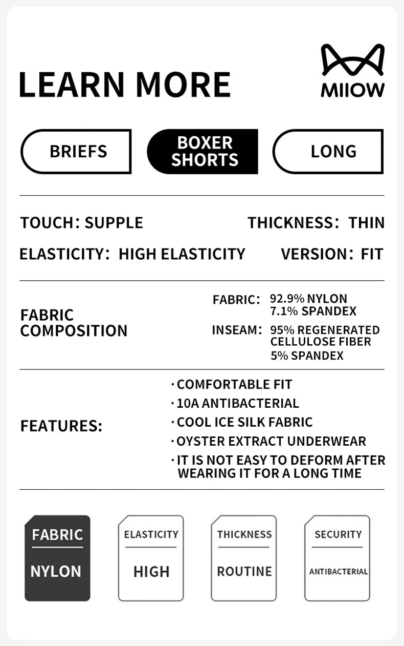 MiiOW Ice Silk Men Underwear 4Pcs Antibacterial Massage Beads Boxers Briefs - ShopHub