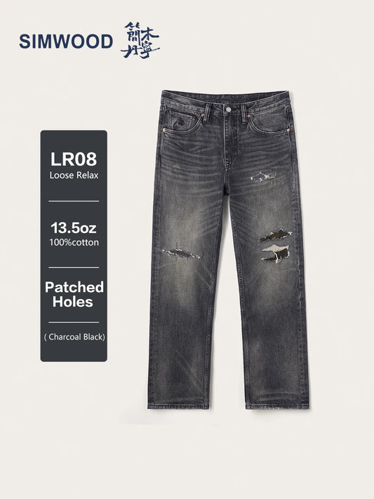 SIMWOOD High Standard 2026 Autumn New 13.5oz Loose Relax Washed Jeans Men Patched Denim Vintage Distressed Streetwear Pants