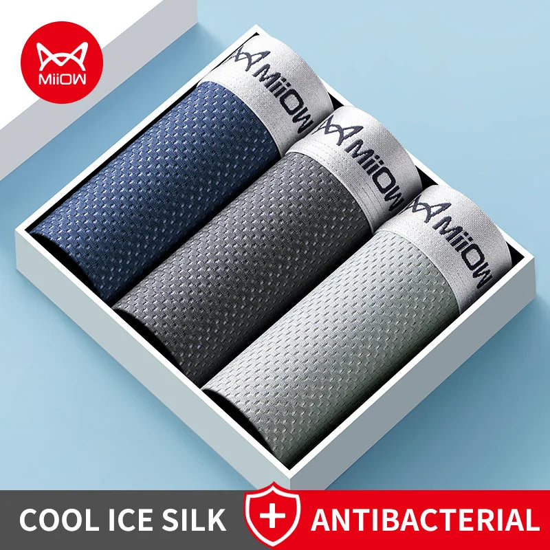 MiiOW Ice Silk Men's Underwear - 3Pcs Breathable Mesh Antibacterial Boxer Briefs - ShopHub