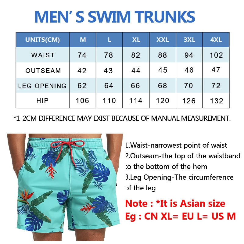 Men's breathable polyester boardshorts with elastic waist, side pocket, and mesh lining for summer beach or gym wear.