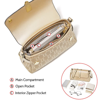 FOXER Split Leather Women's Shoulder Bag Luxury Female Crossbody Bag Fashion Monogram Gold Embossing Bag for Commute & Travel