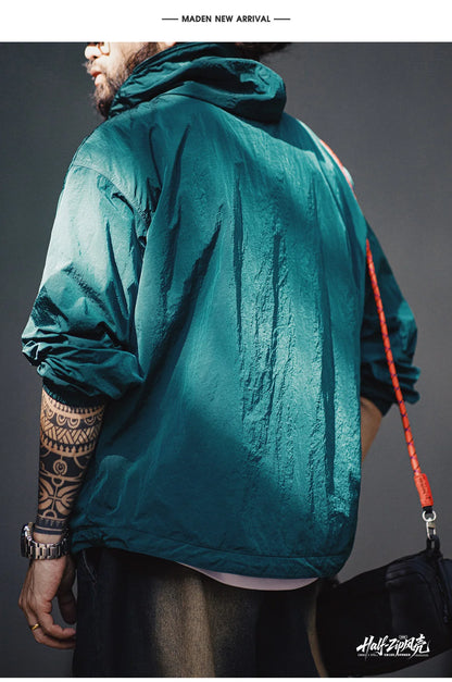 MADEN Gorpcore Half-zip Hooded Jacket Men Lightweight Relaxed Oversized Light Outdoor Utility Workwear Casual Spring Autumn