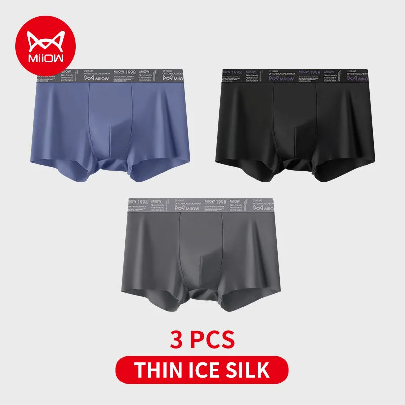 MiiOW Ice Silk Men Underwear - 3Pcs Ultra-thin Breathable Antibacterial Boxer Shorts - ShopHub