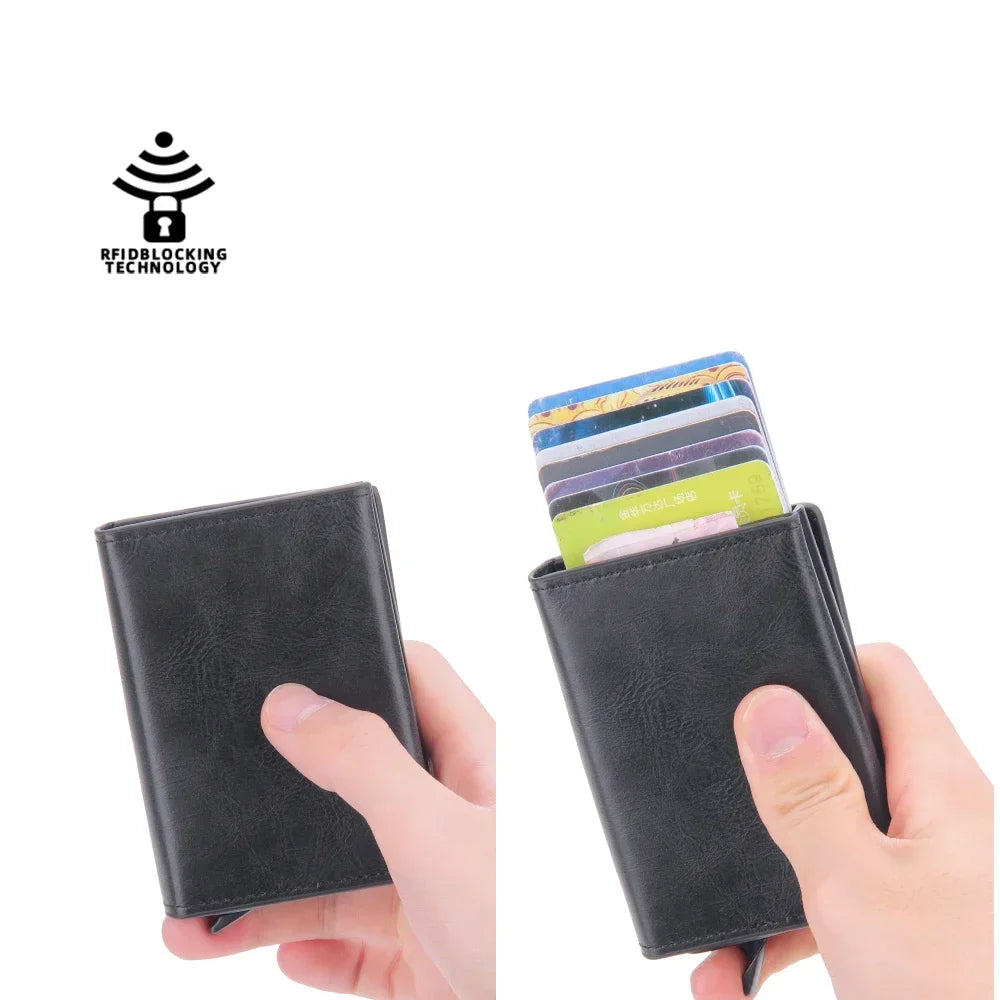 Magnetic RFID Blocking Credit Card Holder Men Wallets Anti Theft Aluminum Metal Pu Leather Small Pop Up Wallet Cardholder Case