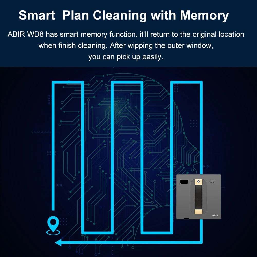 ABIR WD8 Robot Window Cleaner from ShopHub NZ demonstrating its sleek design and cleaning pads on a large glass window.