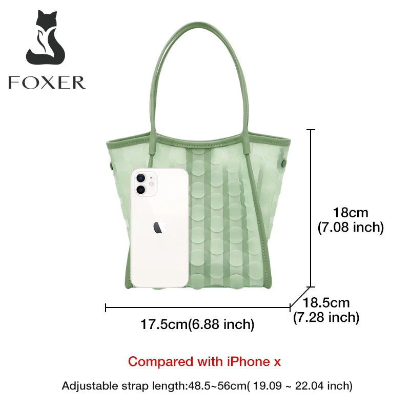 FOXER Light Green Women's Tote Bag, Fashion Waterproof TPU Handbag for Summer Travel & Commute, Lightweight Lady's Shoulder Bag