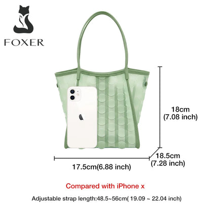 FOXER Light Green Women's Tote Bag, Fashion Waterproof TPU Handbag for Summer Travel & Commute, Lightweight Lady's Shoulder Bag