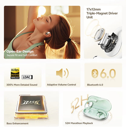 QCY Crossky R70 Wireless Headphones - Hi-Res Open-Ear Bluetooth 6.0 Earhooks with Bass Boost - ShopHub