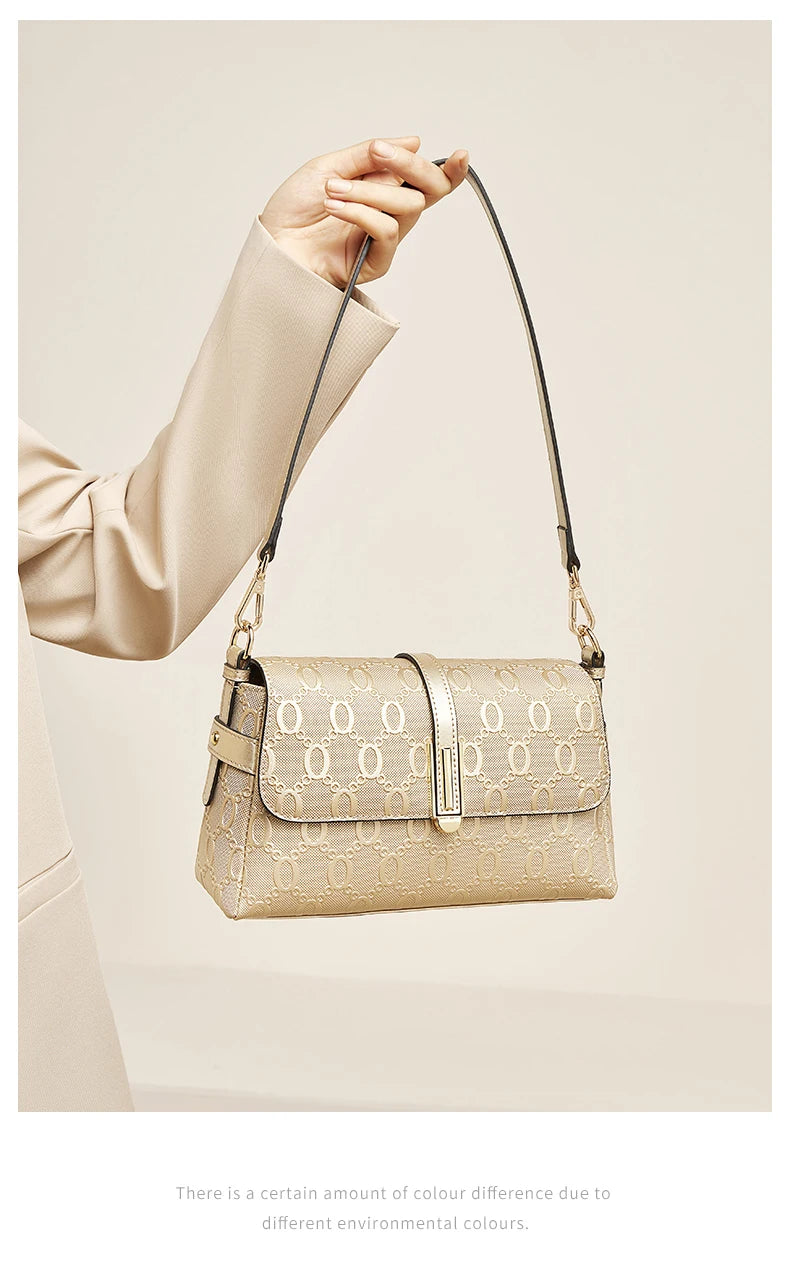 FOXER Split Leather Women's Shoulder Bag Luxury Female Crossbody Bag Fashion Monogram Gold Embossing Bag for Commute & Travel