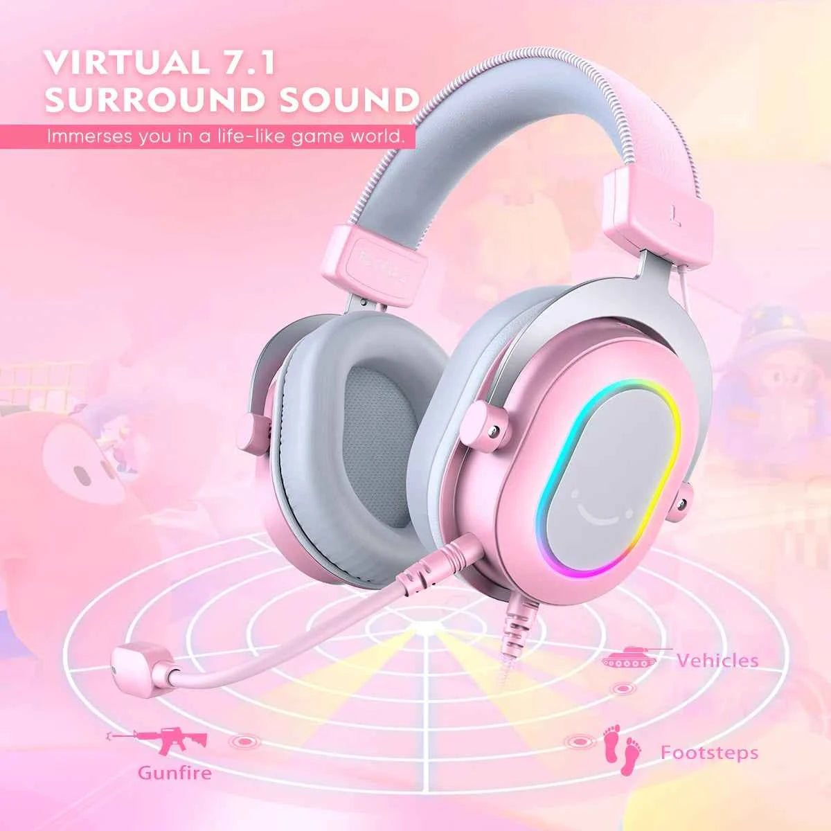 FIFINE Gaming Headset with RGB/7.1 Surround Sound/MIC/Line control,USB Over-ear Headphone for Gamer/PC/PS4/PS5 Ampligame H6P