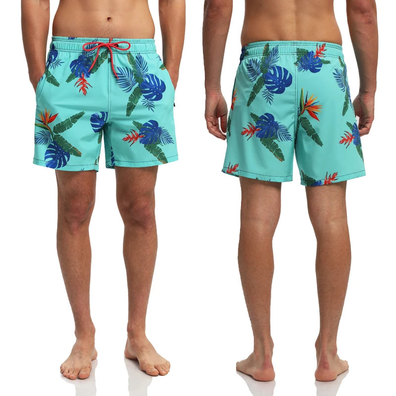 Men's breathable polyester boardshorts with elastic waist, side pockets, mesh liner, perfect for summer beach or gym activities.