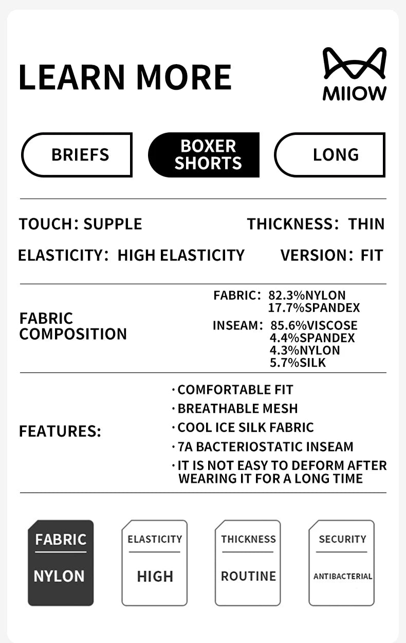 MiiOW Men's Antibacterial Underwear 4Pcs Silky Ice Silk Boxer Briefs - ShopHub