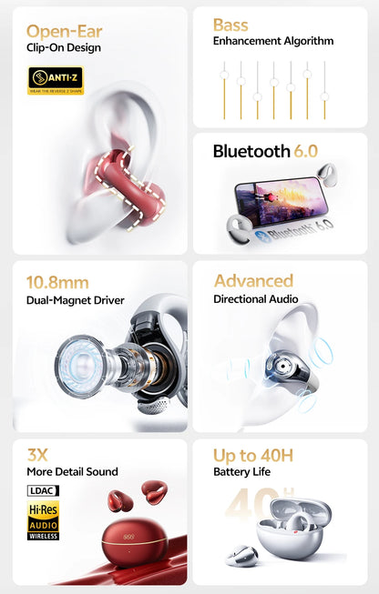QCY Crossky C30S Wireless Earphones - Hi-Res LDAC Open Ear Clip-On Bluetooth 6.0 Sports Headphones with 40H Battery Life - ShopHub