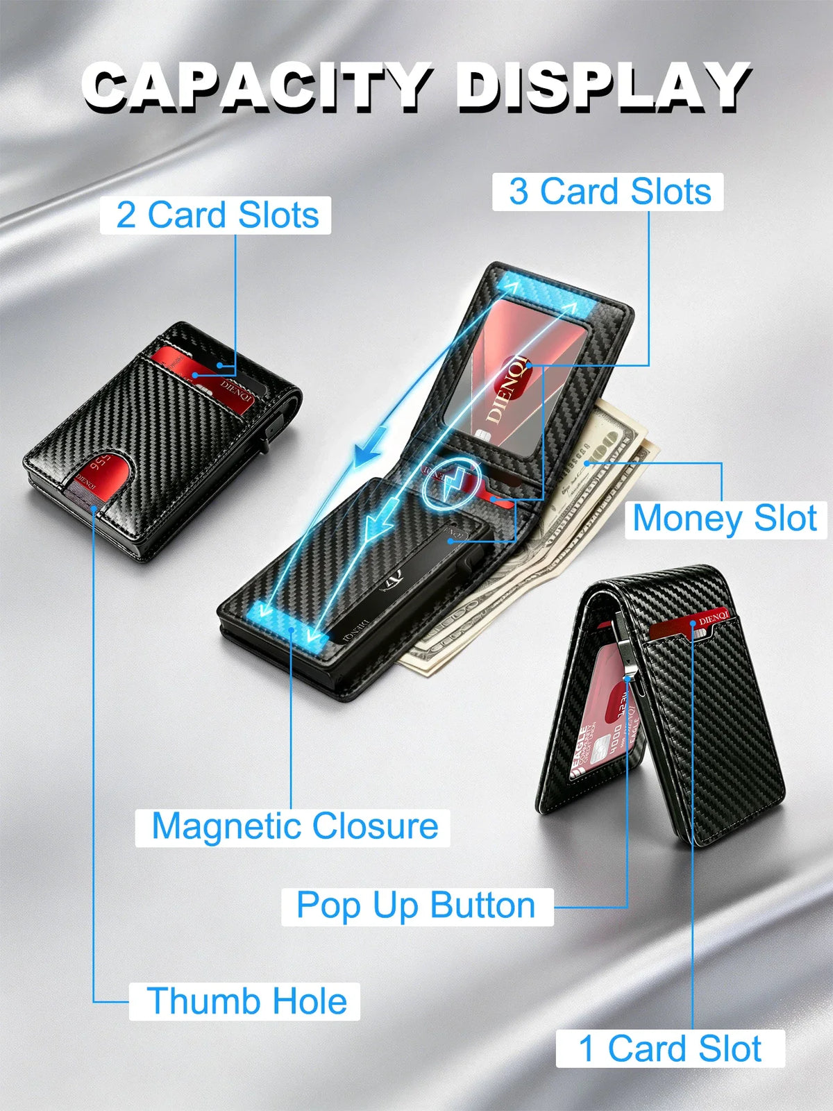 Carbon Fiber Wallet Magnetic Card Holder RFID Automatic Pop Up Case Id Bank Credit Cardholder Money Bag Bifold Wallets for Men