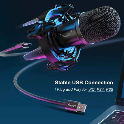 FIFINE USB Dynamic Microphone Kit with Boom Arm,RGB Shock Mount,Cardioid Mic Set for Game Podcast Stream for PC PS4 PS5-K651