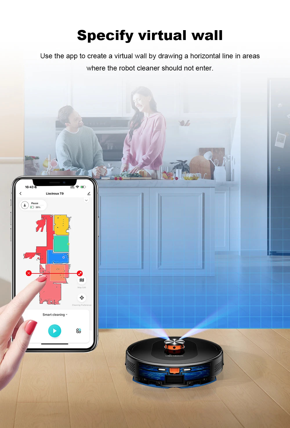 Liectroux T9 robot vacuum cleaner in black, with side brush and sensor navigation, designed for efficient home cleaning.