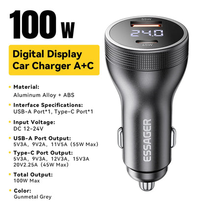 Essager 100W Quick Charge USB C Car Charger