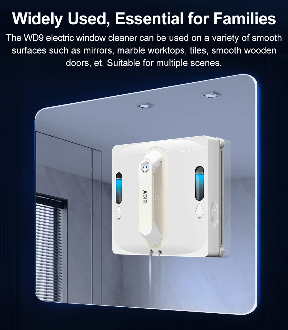 ABIR WD9-4-Way Robot Window Cleaner from ShopHub NZ, showing the device attached to a glass window with cleaning pads in action.