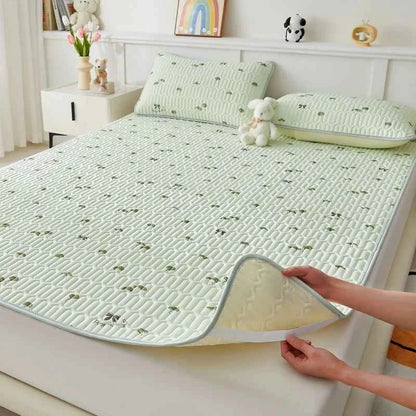 New Printed Natural Latex Filling Summer Mat for Bed Cooling Feeling Silk Thicken Bed Pad and Pillowcase Ice Silk Bed Sheet Set