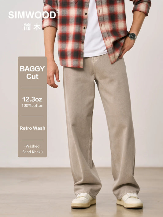 SIMWOOD 2026 Autumn Winter New Washed Vintage Baggy Jeans Men 12.3oz Twill Denim Casual Streetwear Trousers