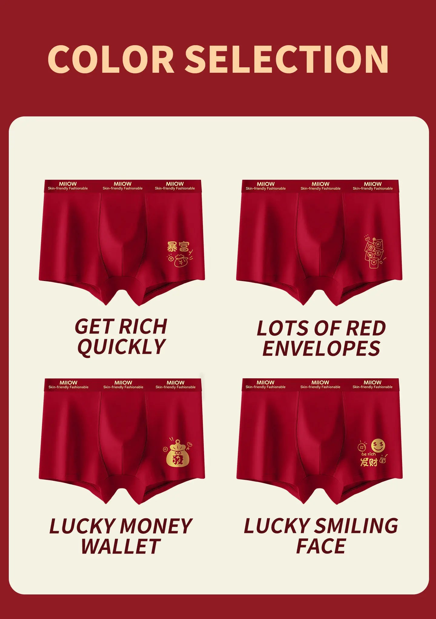 MiiOW 3Pcs Men's Antibacterial Cotton Boxers Lucky Red Breathable Underwear - ShopHub