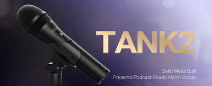 A black handheld microphone on a stand against a dark purple gradient background, with large gold text reading 'TANK2' and smaller white text that says 'Solid Metal Built' and 'Presents Podcast-Ready Warm Vocals.'.