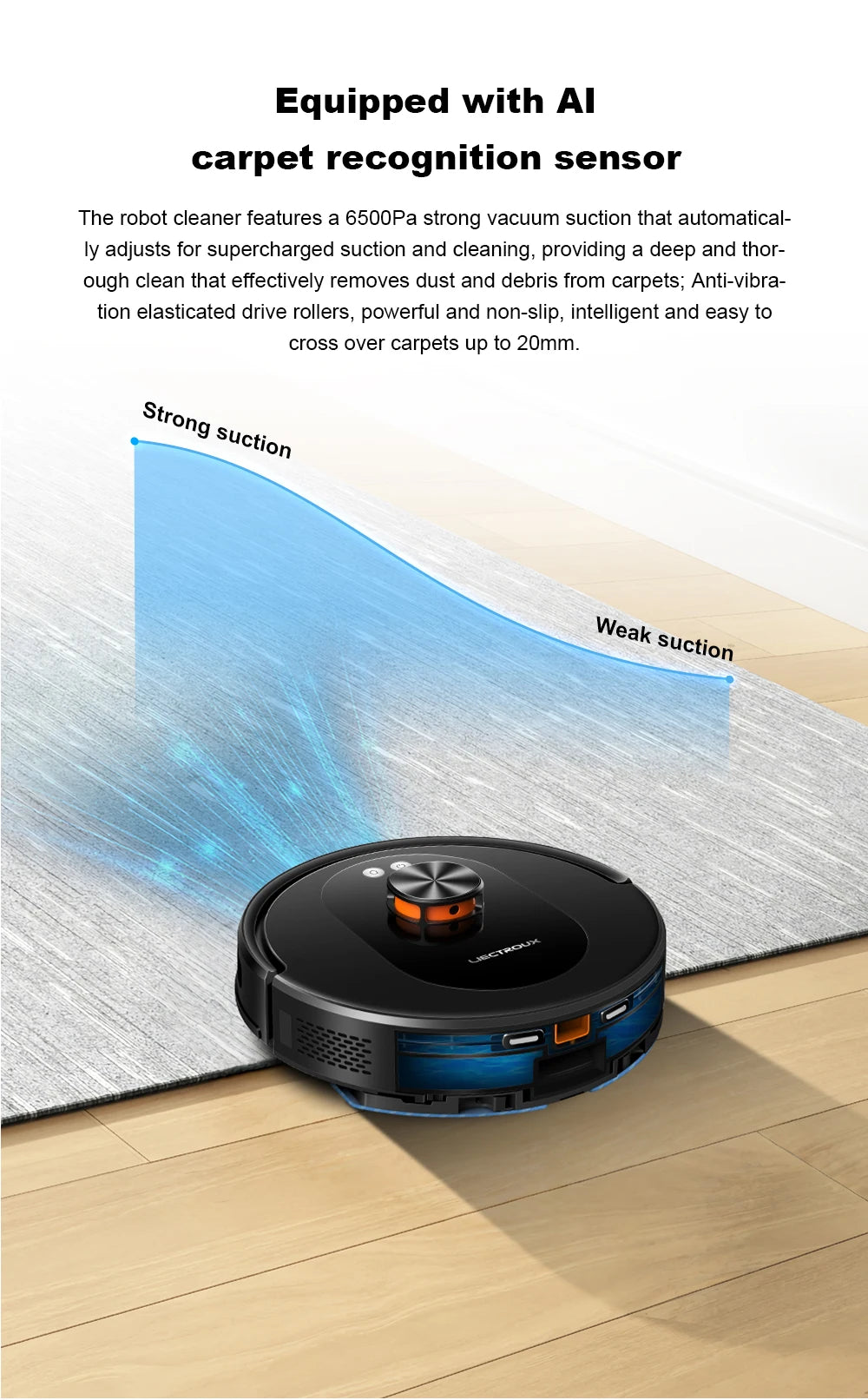 Liectroux T9 robot vacuum cleaner navigating hardwood floor with dustbin and sensors visible, showcasing its sleek design.